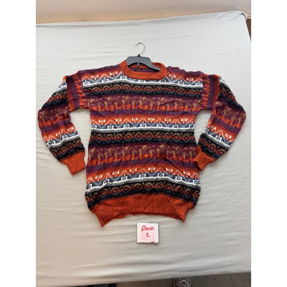 Vintage Fair Isle Geometric Knit Sweater Orange Burgundy Llama Pattern Crewneck